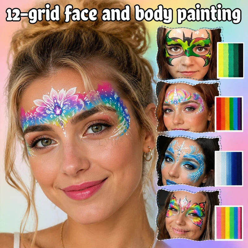 Rainbow Face & Body Paint Palette - Water Activated Makeup Kit for Halloween Cosplay Festival