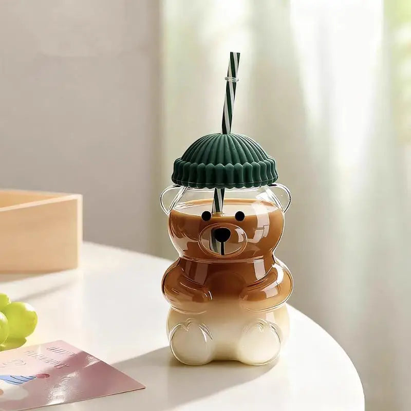 Cute Bear-Shaped Plastic Coffee Mug with Straw 550ML - Child & Adult Drinkware