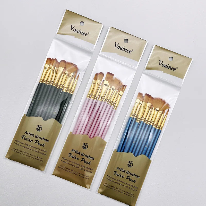 10pcs Watercolor Paint Brush Set with Wooden Handles for Art, Oil & Acrylic Painting