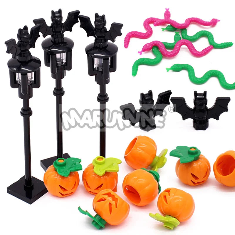 Halloween MOC Building Blocks Accessories Set - Bricks, Pumpkins, Bats, Snakes, Street Lamp