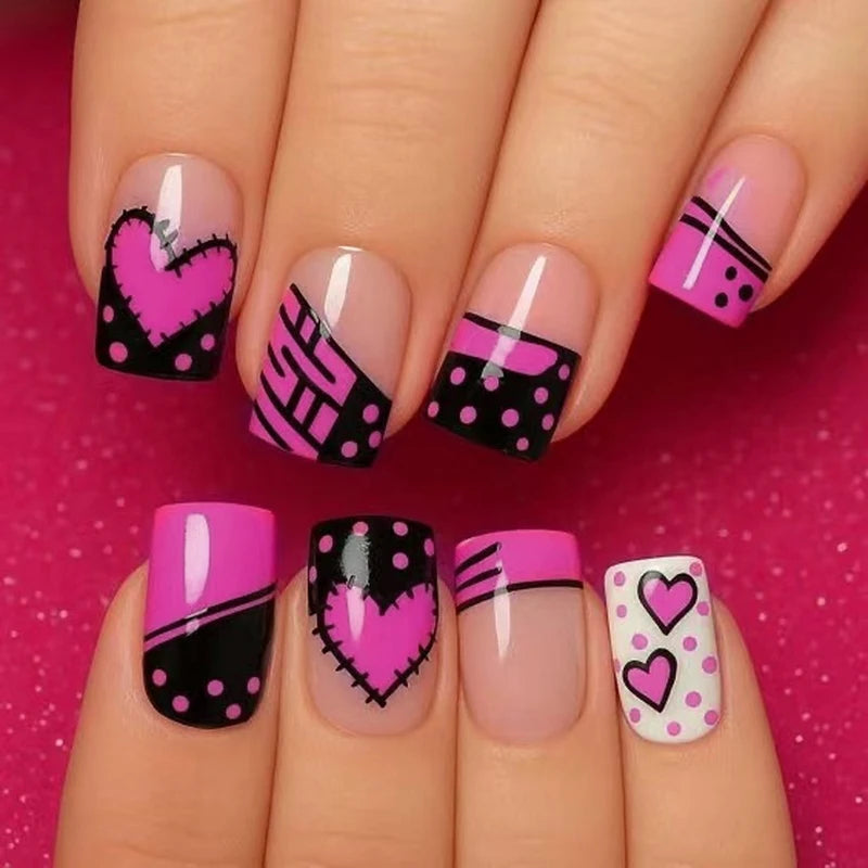24Pcs Short Square Fake Nails for Menicure - Press On Nail Set with Pink Love Heart Print