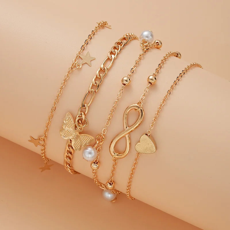 5Pcs Retro Multilayer Tassel Anklet Set for Women Beach Jewelry Bohemia Vintage Foot Accessories