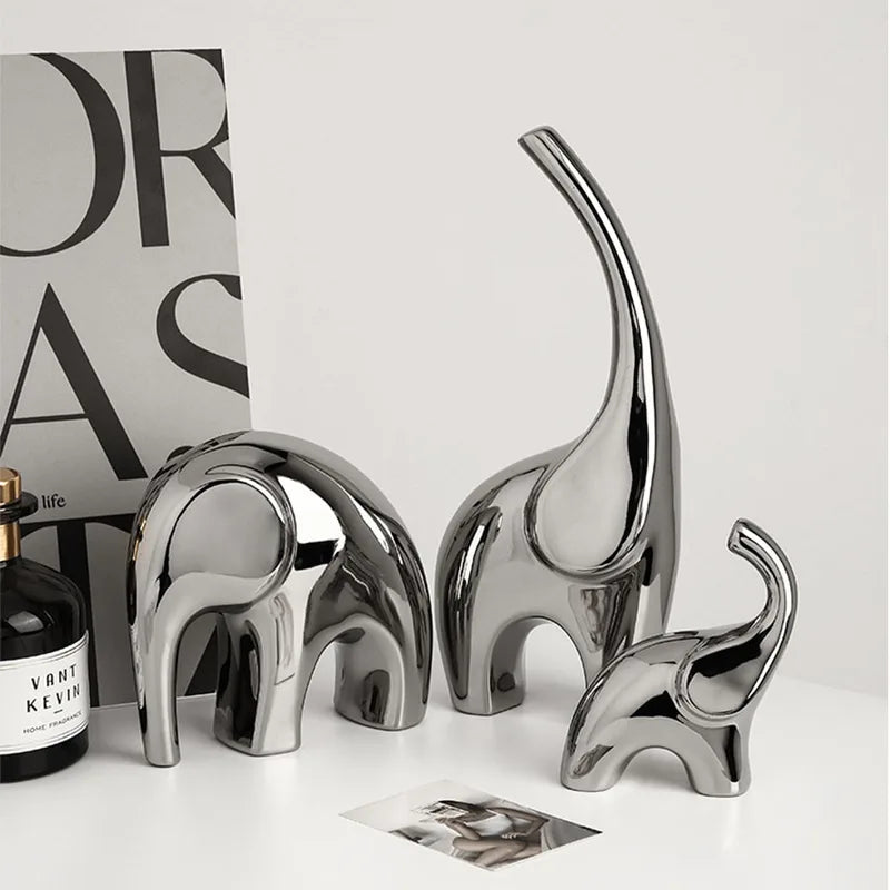 Silver Electroplated Ceramic Elephant Figurine Nordic Home Decor Gift