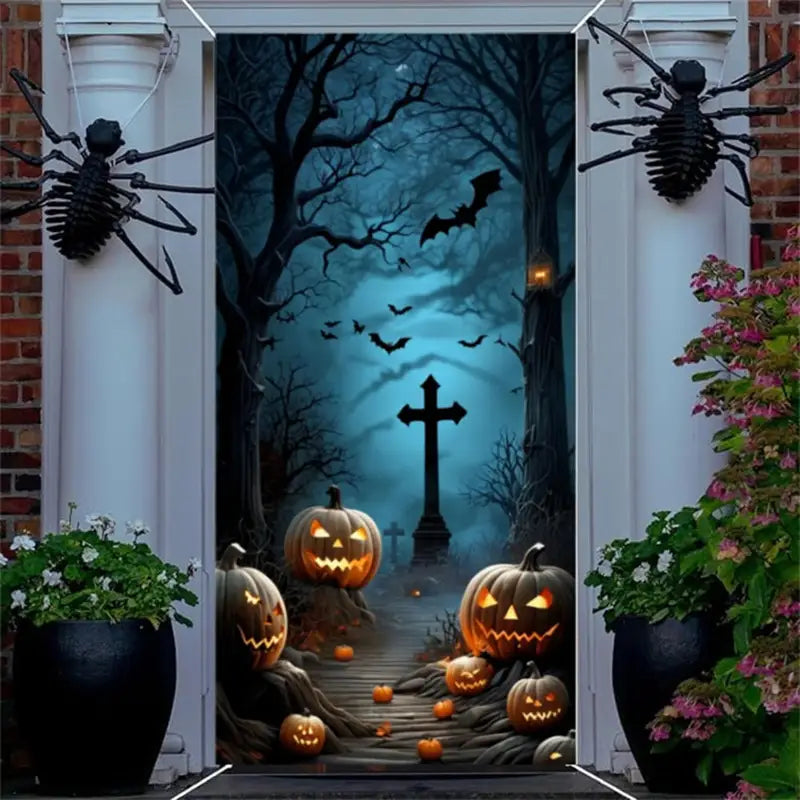 Halloween Door Banner Decorations Horror Night Cemetery Pumpkin Scene