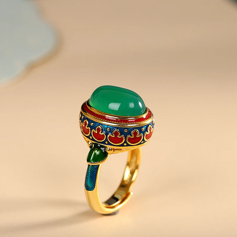 Ancient Gold Craftsmanship Carnelian Ring for Women with Flower Enamel - Light Luxury Wedding Jewelry