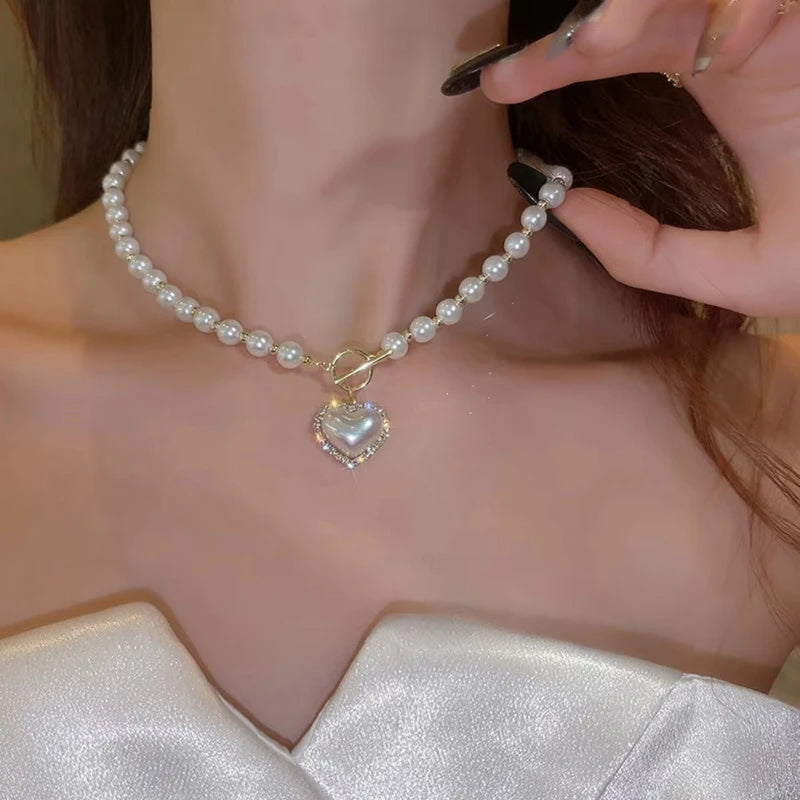 Elegant Pearl Necklace for Women Heart Pendant Imitation Pearls Chain Jewelry