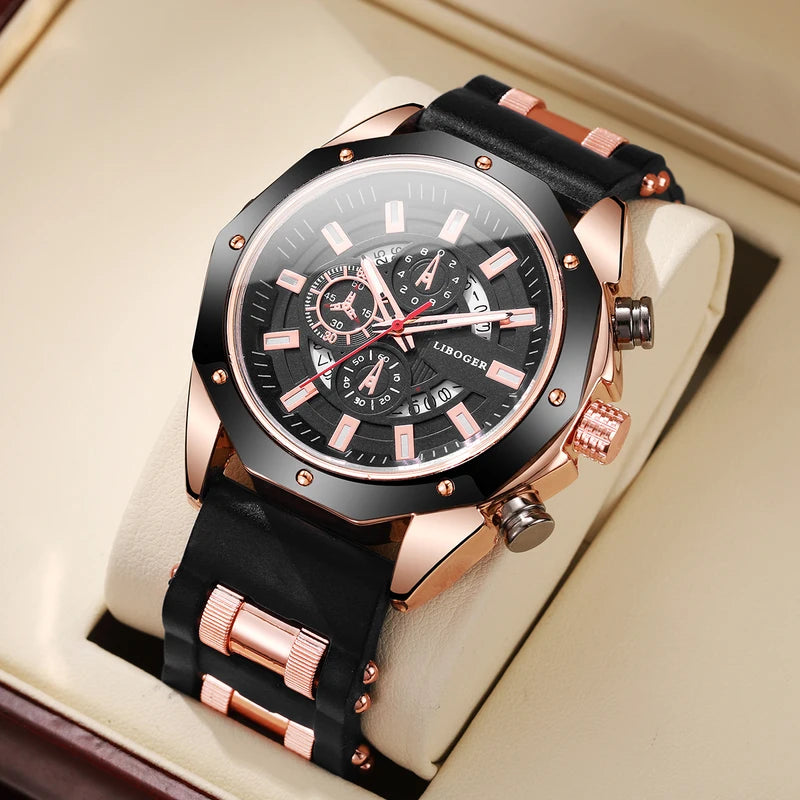 Men's Sports Quartz Watch with Silicone Band and Date Calendar