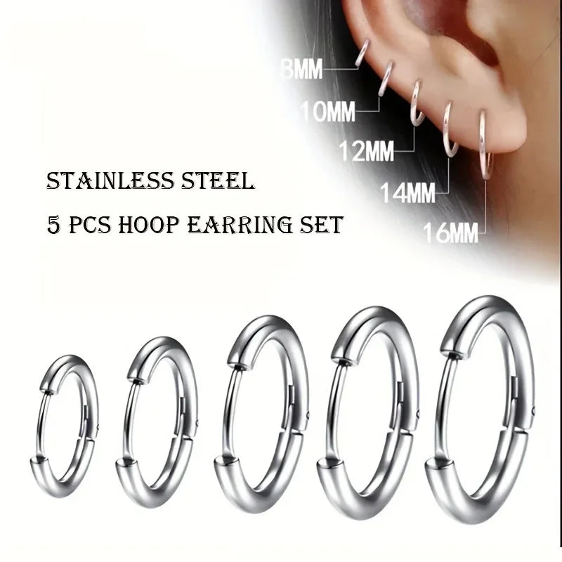 Men's Stainless Steel Hoop Earrings Set - Multiple Colors & Finish Options