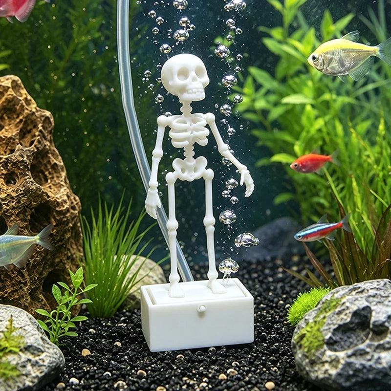 Interactive Bubble Dancing Skeleton Fish Tank Ornament 3D Printed Halloween Decor