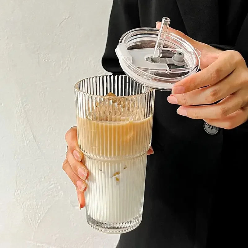 600ML Glass Coffee Cup with Lid and Straw - Transparent Drinkware