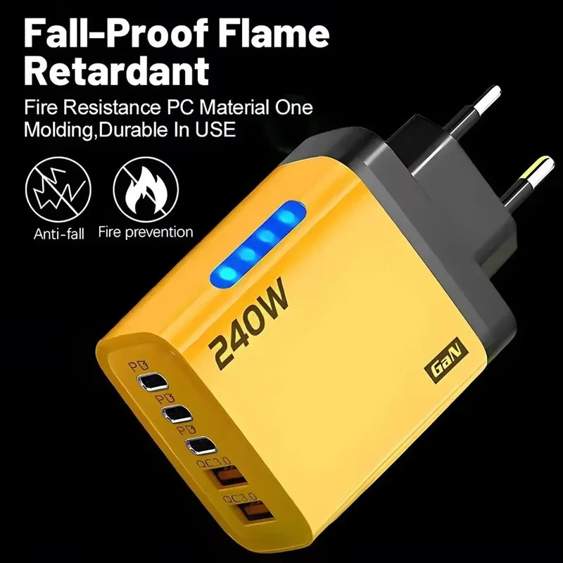240W GaN Fast Charger Multi-Port USB-C Phone Adapter with LED Light