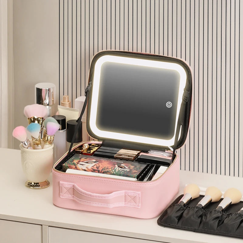 Travel Makeup Train Case with LED Lighted Mirror, Adjustable Dividers & 3 Light Settings