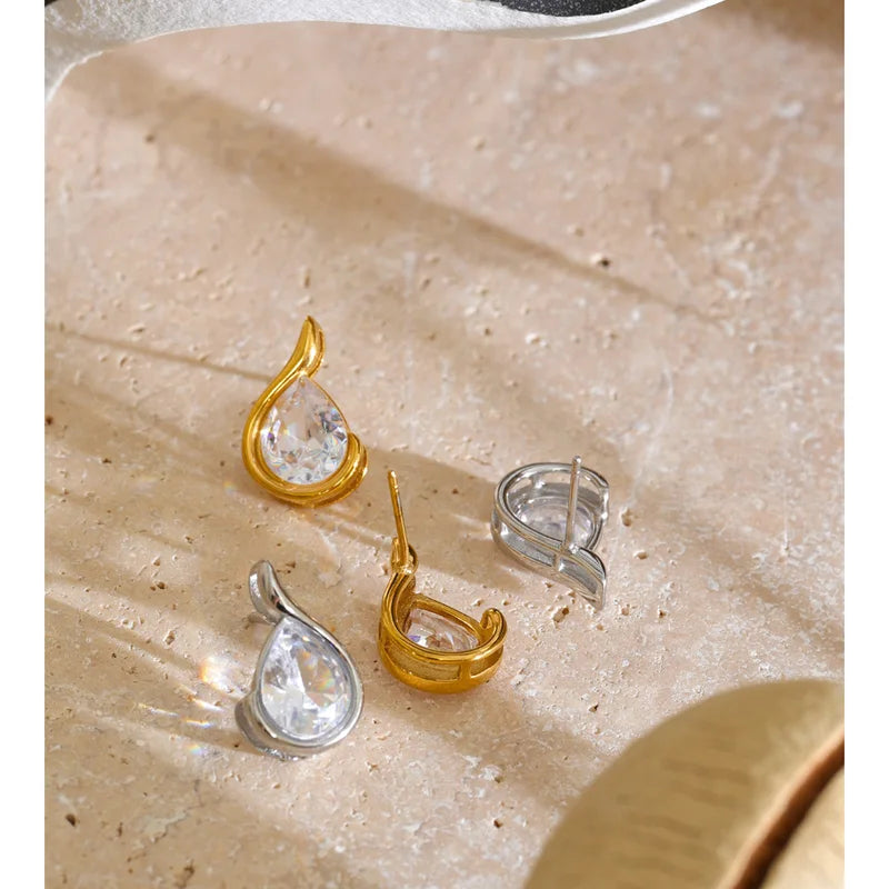 Stainless Steel Cubic Zirconia Drop Earrings - Trendy Party Jewelry Set