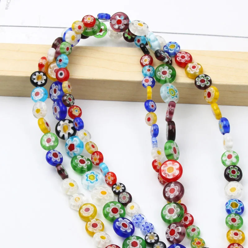 Glass Beads for Jewelry Making - Millefiori Flower Flat Round Spacer Beads
