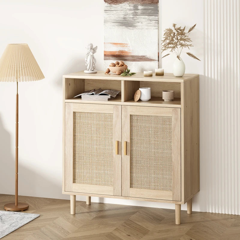 Modern Rattan Buffet Sideboard Cabinet with Shelves - Farmhouse TV Stand & Kitchen Console