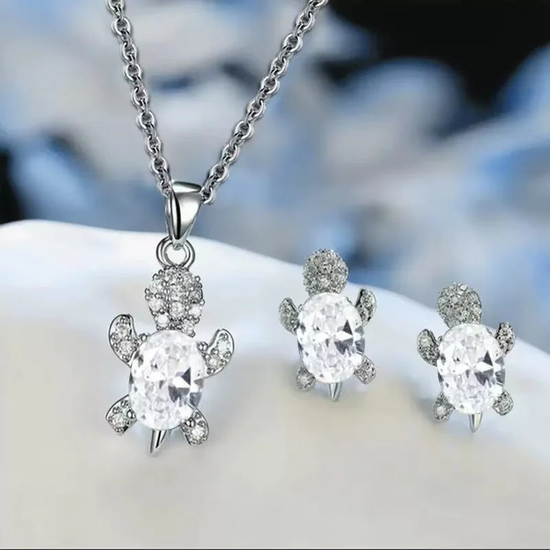 Luxury Turtle-Shaped Multi-Color Glass Diamond Women's Necklace Pendant & Earrings Set