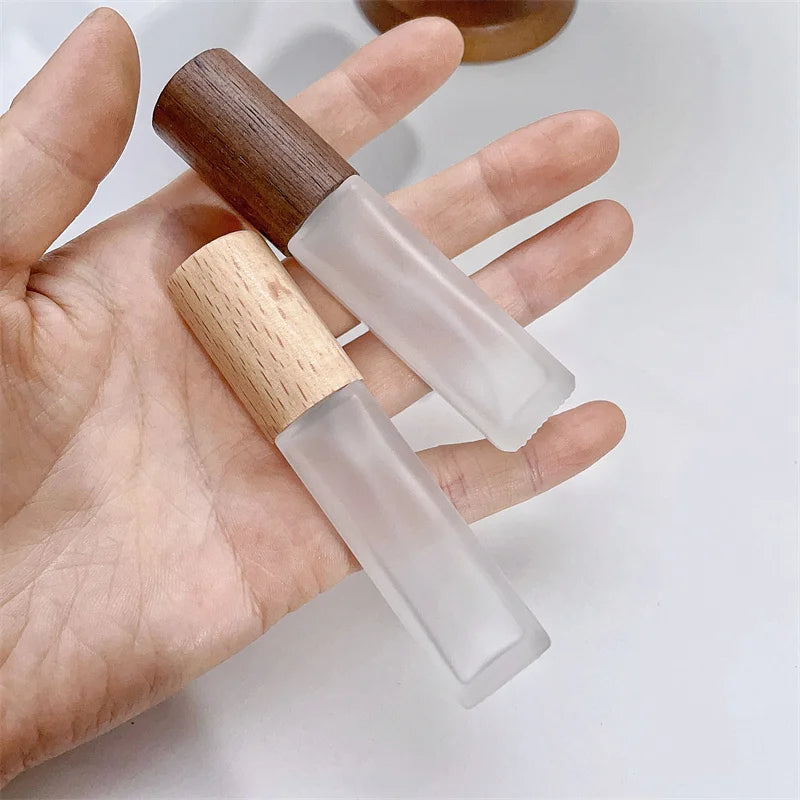 9ml Clear Frosted Glass Spray Vials with Atomizer & Wooden Cap - Travel Perfume Bottles