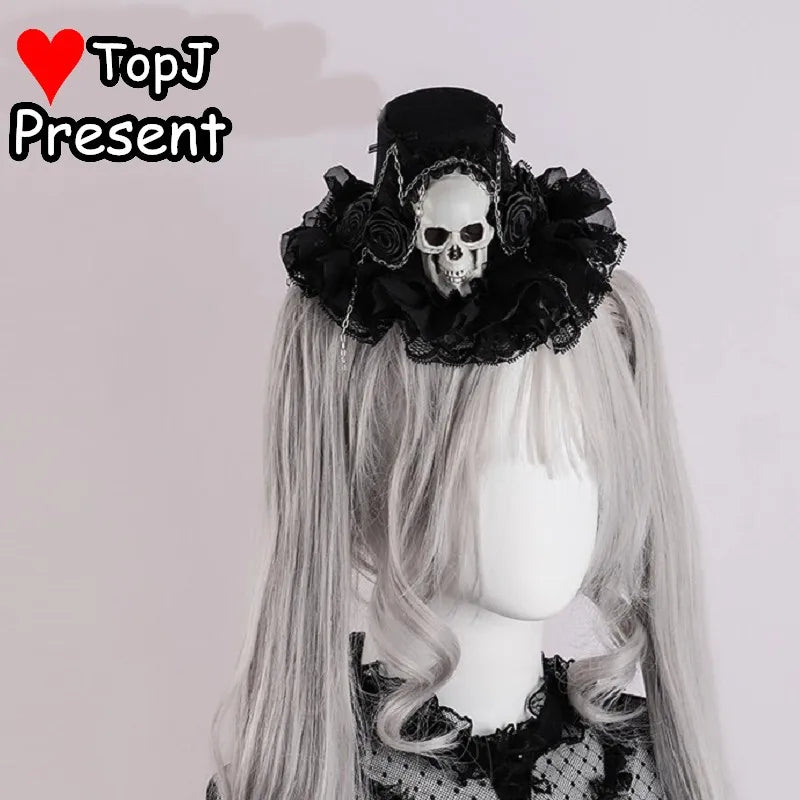 Gothic Lolita Punk Halloween Cosplay Hair Accessories Top Hat with Skull Bow Clips - Handmade
