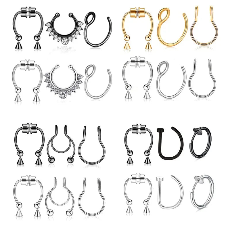 3Pcs Fake Nose Ring Set Magnetic Septum Hoop No Piercing Stainless Steel
