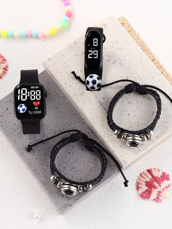 Sports Watch with Silicone Band and Football Leather Bracelet - Gift Set
