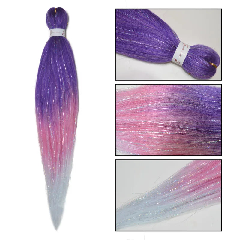 Synthetic Ombre Braiding Hair Extensions with Tinsel - 26 Inch Rainbow Colors for Women & Girls