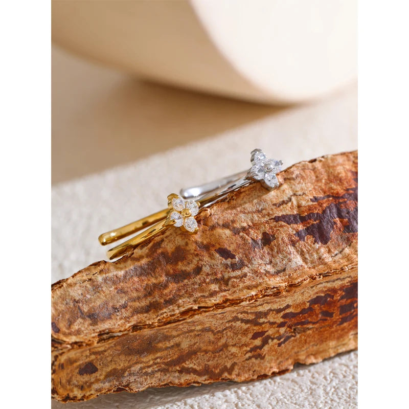 Adjustable Stainless Steel Flower Ring with Cubic Zirconia for Women - Shiny Finger Jewelry