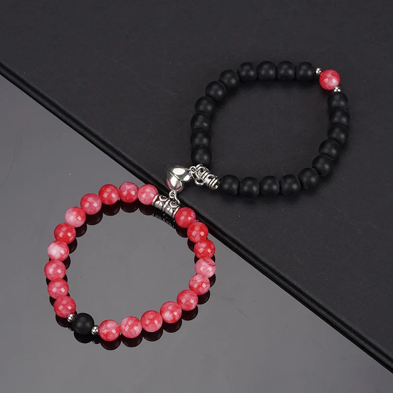 Natural Stone Beads Couple Bracelets - Heart Magnet Friendship Jewelry 2Pcs Set