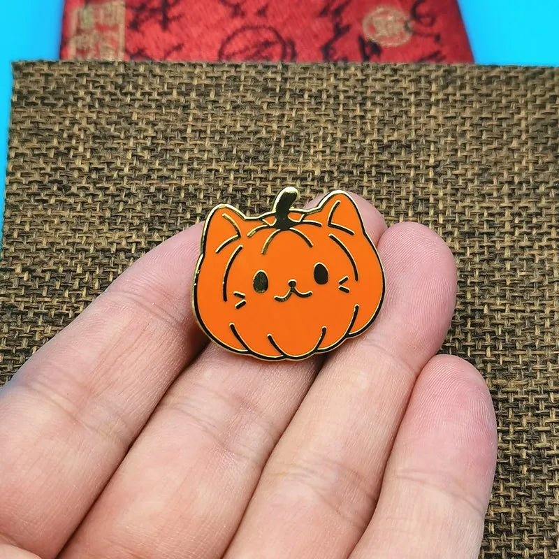 Halloween Pumpkin Cat Enamel Brooch Pin Cartoon Jewelry Women Men Accessories