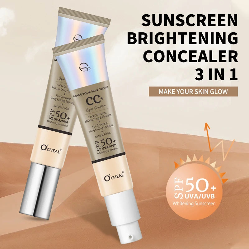 Waterproof CC Cream Foundation with SPF 50+ - Long-Lasting Moisturizing Concealer & Brightening Primer