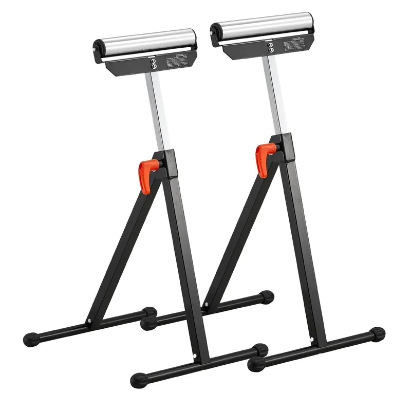 Heavy Duty Folding Roller Stand with Adjustable Height and Steel Roller Head for Woodworking