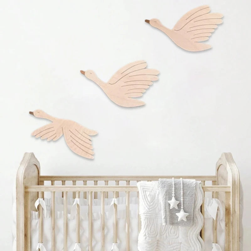 Wooden Geese Wall Art - Family of 3 Flying Bird Decor for Kids Room & Holidays