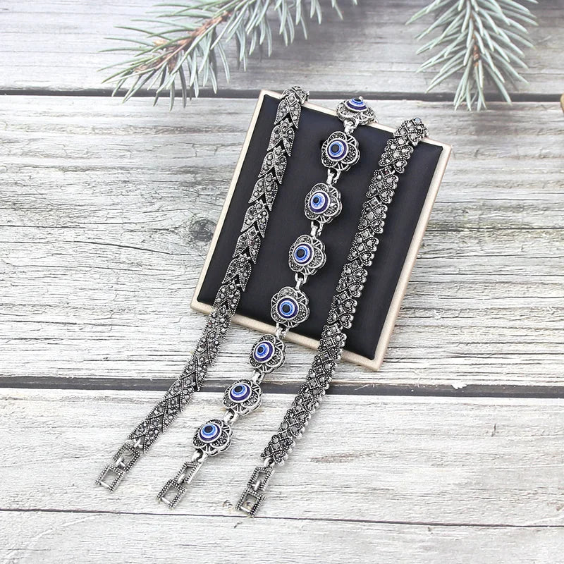 Vintage Turkish Fatima Bracelet for Women Bohemia Evil Eye Charm Silver Jewelry