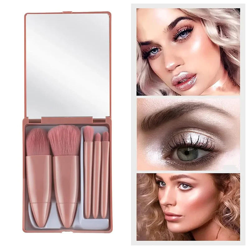 Mini Makeup Brush Set with Mirror – Travel Cosmetic Brushes, Soft Fluffy, 5 Pieces