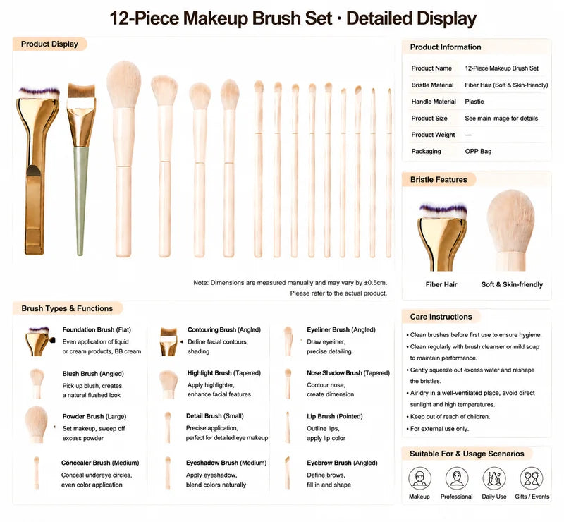 12-Piece Makeup Brush Set with Foundation, Powder & Eyeshadow Brushes