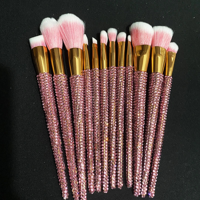Diamond-Studded Makeup Brushes 12-Piece Set Garnished with Gems for Foundation Concealer