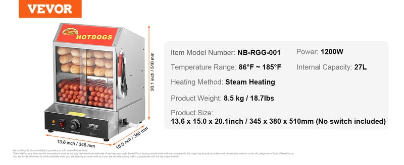 Stainless Steel Hot Dog Steamer with Temperature Control 27/37L Dual Tiers