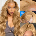 Honey Blonde 27-Inch Body Wave Lace Front Wig with HD Transparent Lace, Pre-Plucked, Bleached Knots, 250 Density, Brazilian Human Hair