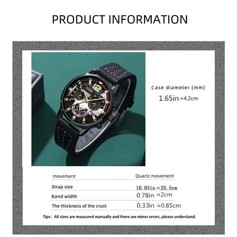 Men's Fashion Quartz Watch Set with Leather Strap and Calendar - Multiple Colors