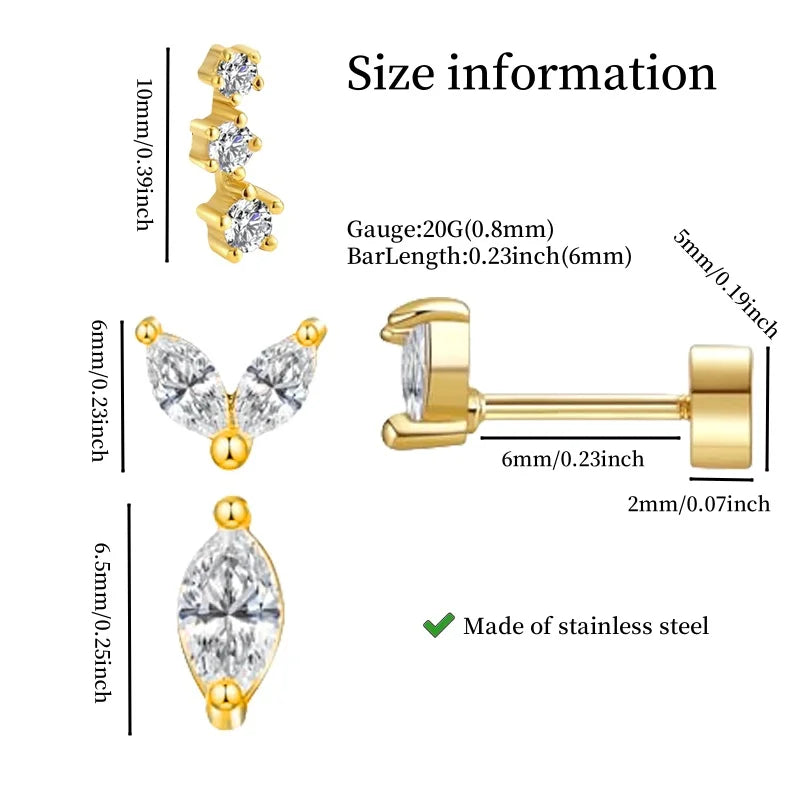 Hypoallergenic Stainless Steel Stud Earrings for Women - Dainty CZ Cartilage Helix Jewelry Set