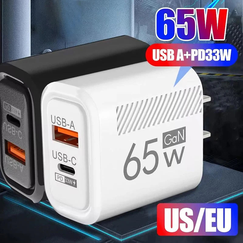PD 65W USB C Wall Charger GaN Fast Charging Adapter for iPhone Samsung Xiaomi