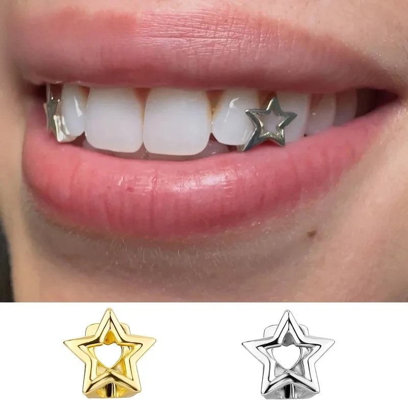 Punk Hollow Pentagram Star Grillz Teeth Caps for Men Women Halloween Costume Jewelry