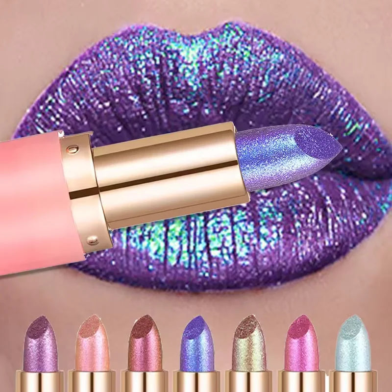 Color Changing Metallic Lipstick with Glitter & Pearl Shine Waterproof Lip Gloss