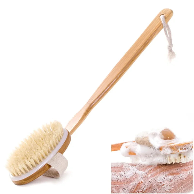Natural Bath Brush with Long Wooden Handle for Exfoliating and Body Cleaning
