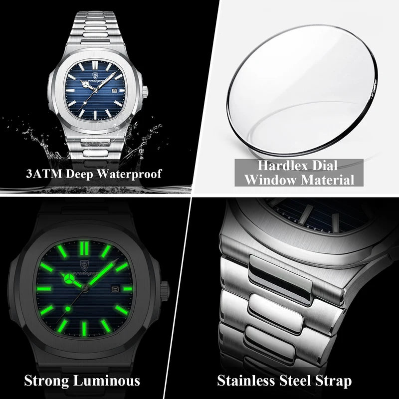 Luxury Men's Square Wristwatch Waterproof Luminous Date Quartz Watch - Stainless Steel Business & Sports Style