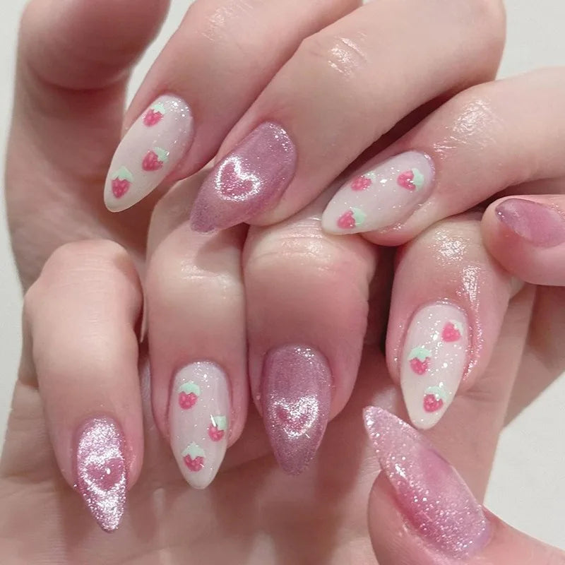 24Pcs Almond Press-On Nails Set with Heart & Strawberry Designs – Glossy Acrylic Fake Nails for Women & Girls