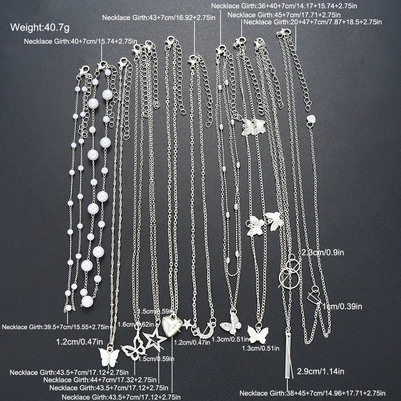 11Pcs Heart Butterfly Moon Pendant Necklace Jewelry Set for Women, Silver & Gold Colors