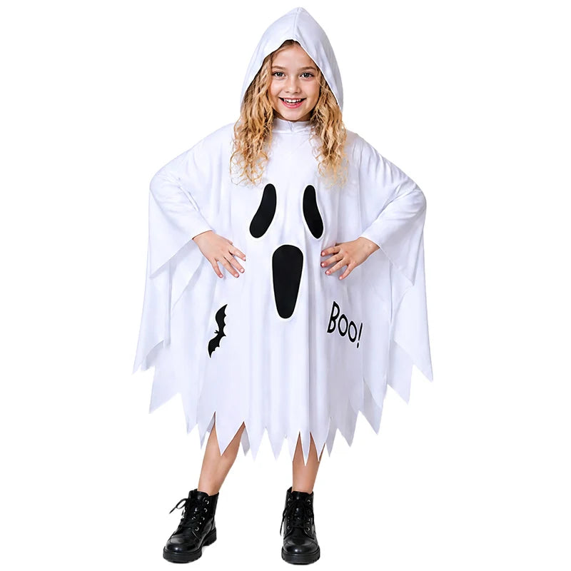 White Ghost Halloween Costume Cloak with Glowing Hood for Cosplay and Carnival
