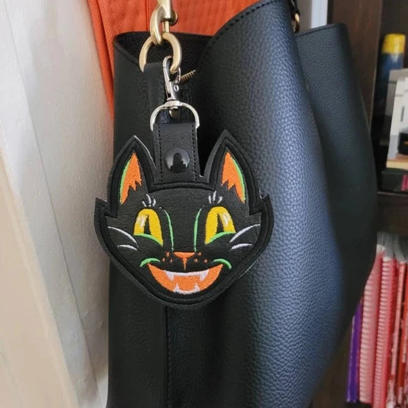 Vintage Halloween Black Cat Keychain with Embroidered Vinyl Design