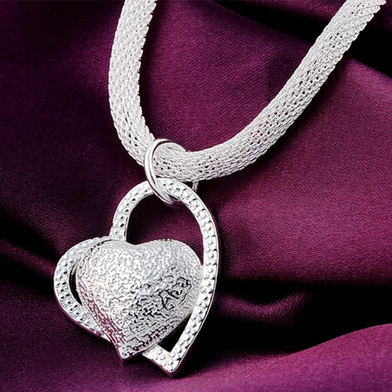 Sterling Silver Double Heart Pendant Necklace 18 Inch for Women Jewelry