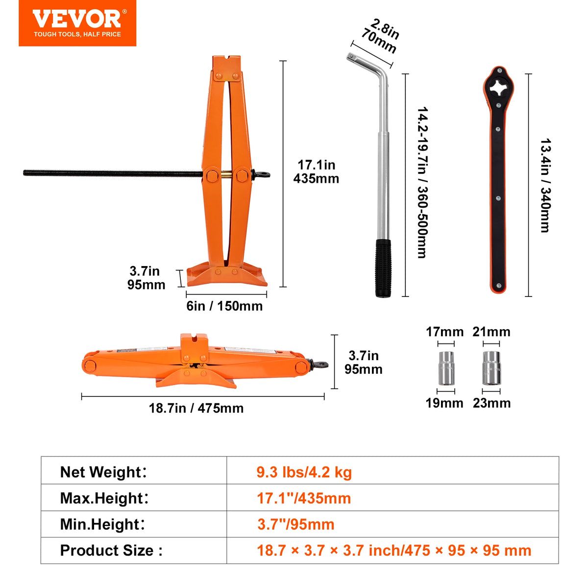 2.5 Ton Scissor Car Jack with Lift Range 3.7 to 17.1 Inches Portable Tire Jack